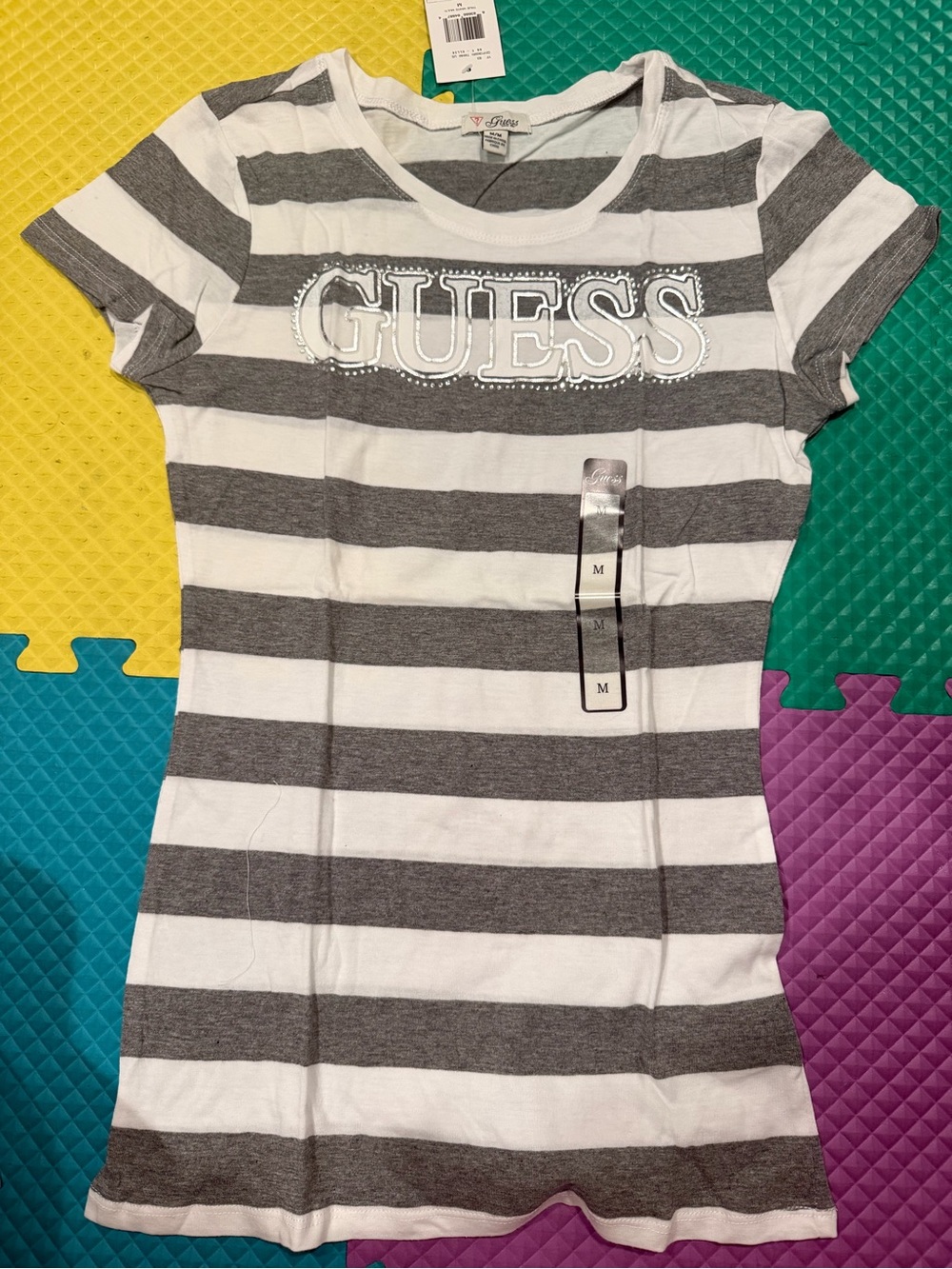 GUESS Gray & White Striped Logo Tee Dress